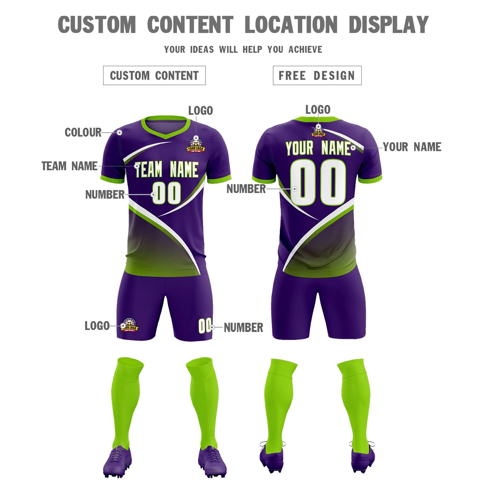 Custom Purple Neon Green Color Block Training Uniform For Men Soccer Sets Jersey