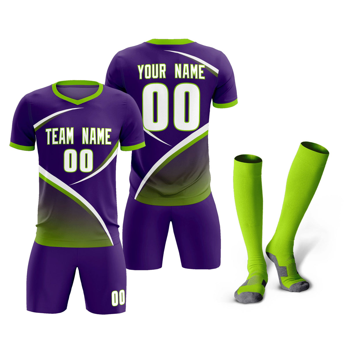 Custom Purple Neon Green Color Block Training Uniform For Men Soccer Sets Jersey