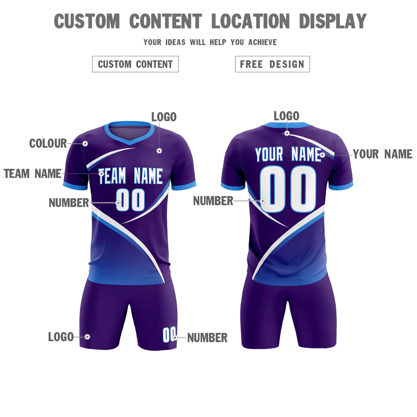Custom Purple Powder Blue Color Block Training Uniform For Men Soccer Sets Jersey