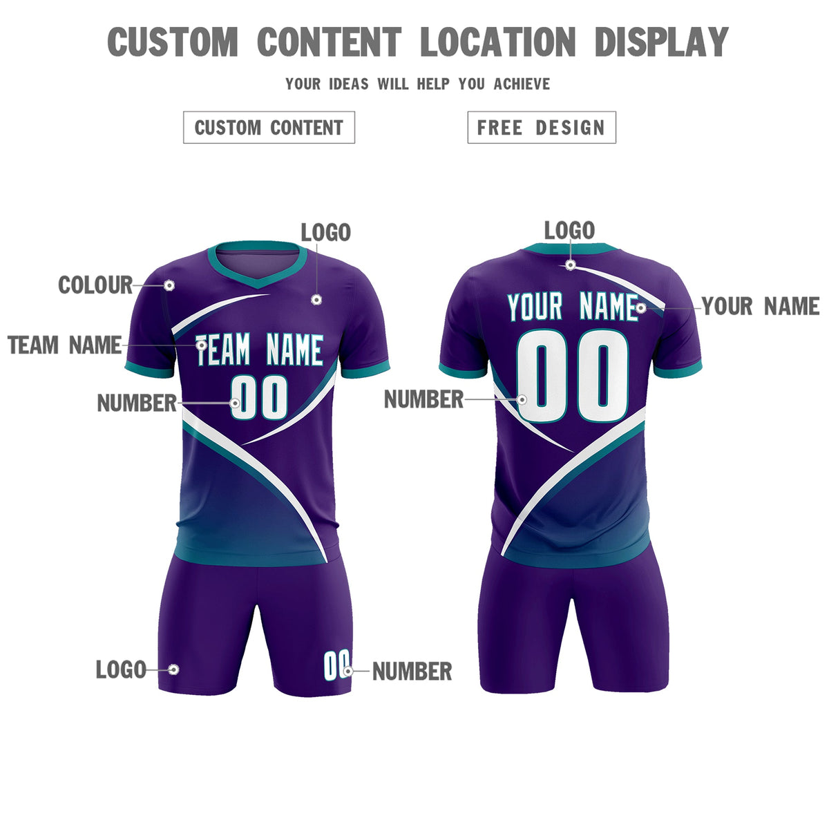 Custom Purple Aqua Color Block Training Uniform For Men Soccer Sets Jersey