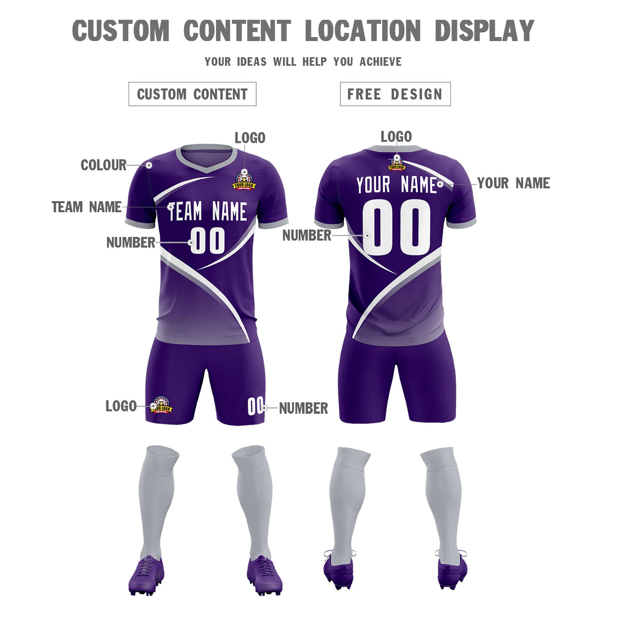 Custom Purple Gray Color Block Training Uniform For Men Soccer Sets Jersey