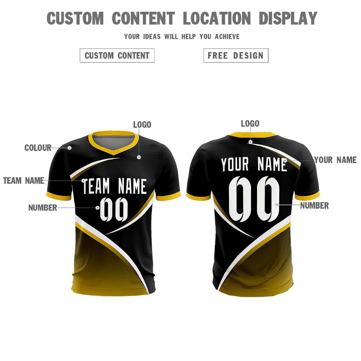 Custom Black Gold Color Block Training Uniform For Men Soccer Sets Jersey