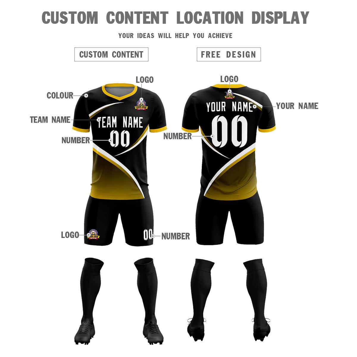 Custom Black Gold Color Block Training Uniform For Men Soccer Sets Jersey