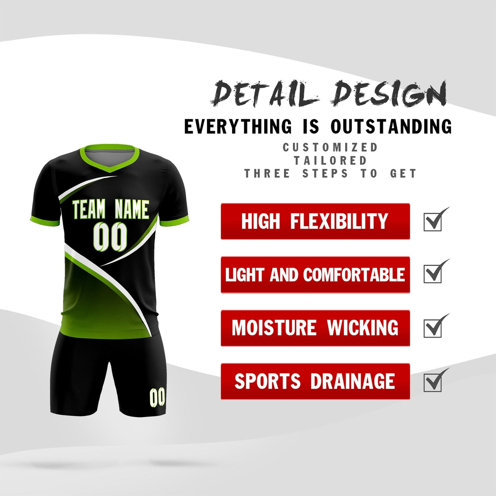 Custom Black Neon Green Color Block Training Uniform For Men Soccer Sets Jersey