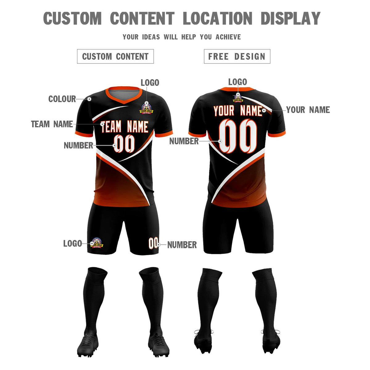 Custom Black Orange Color Block Training Uniform For Men Soccer Sets Jersey