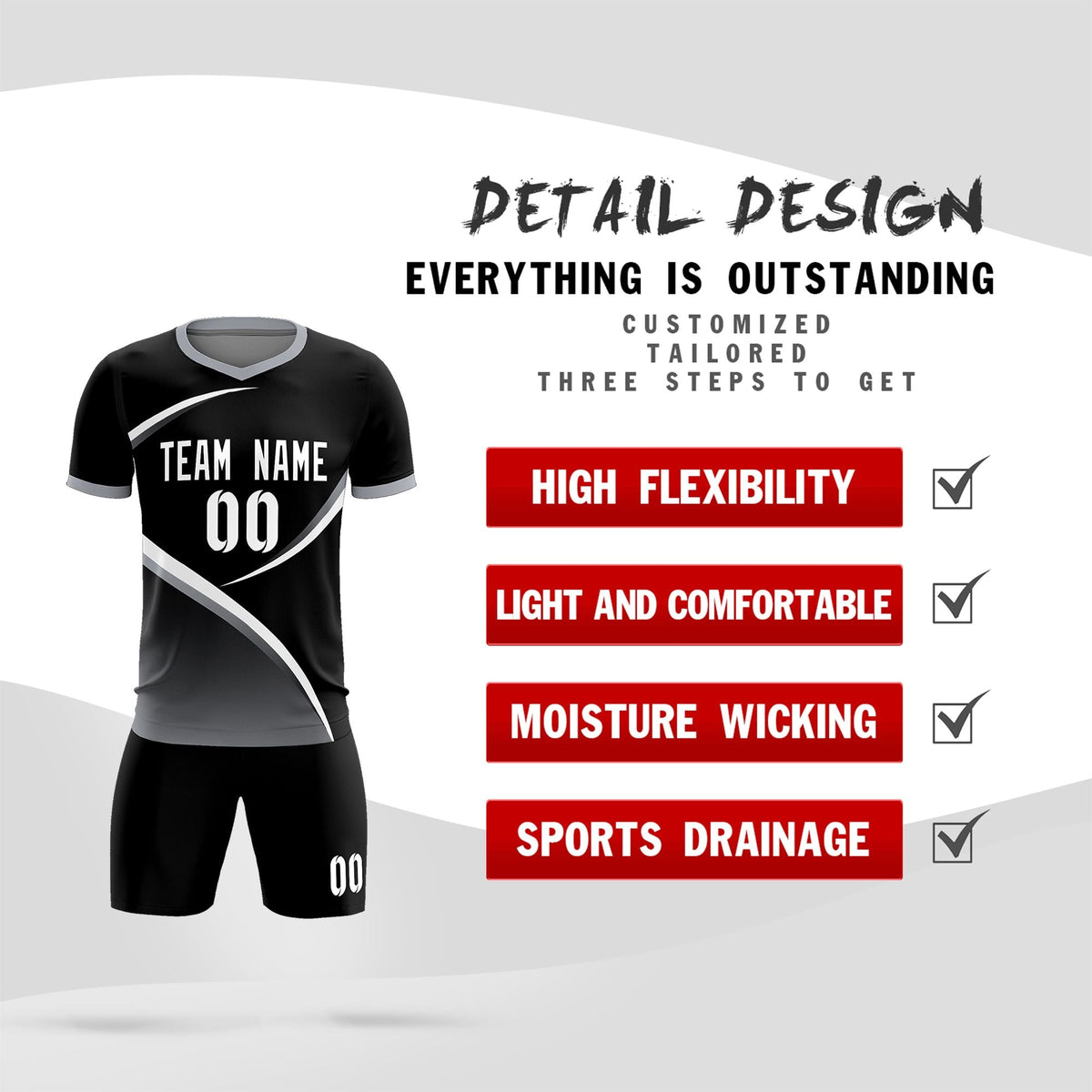 Custom Black Gray Color Block Training Uniform For Men Soccer Sets Jersey