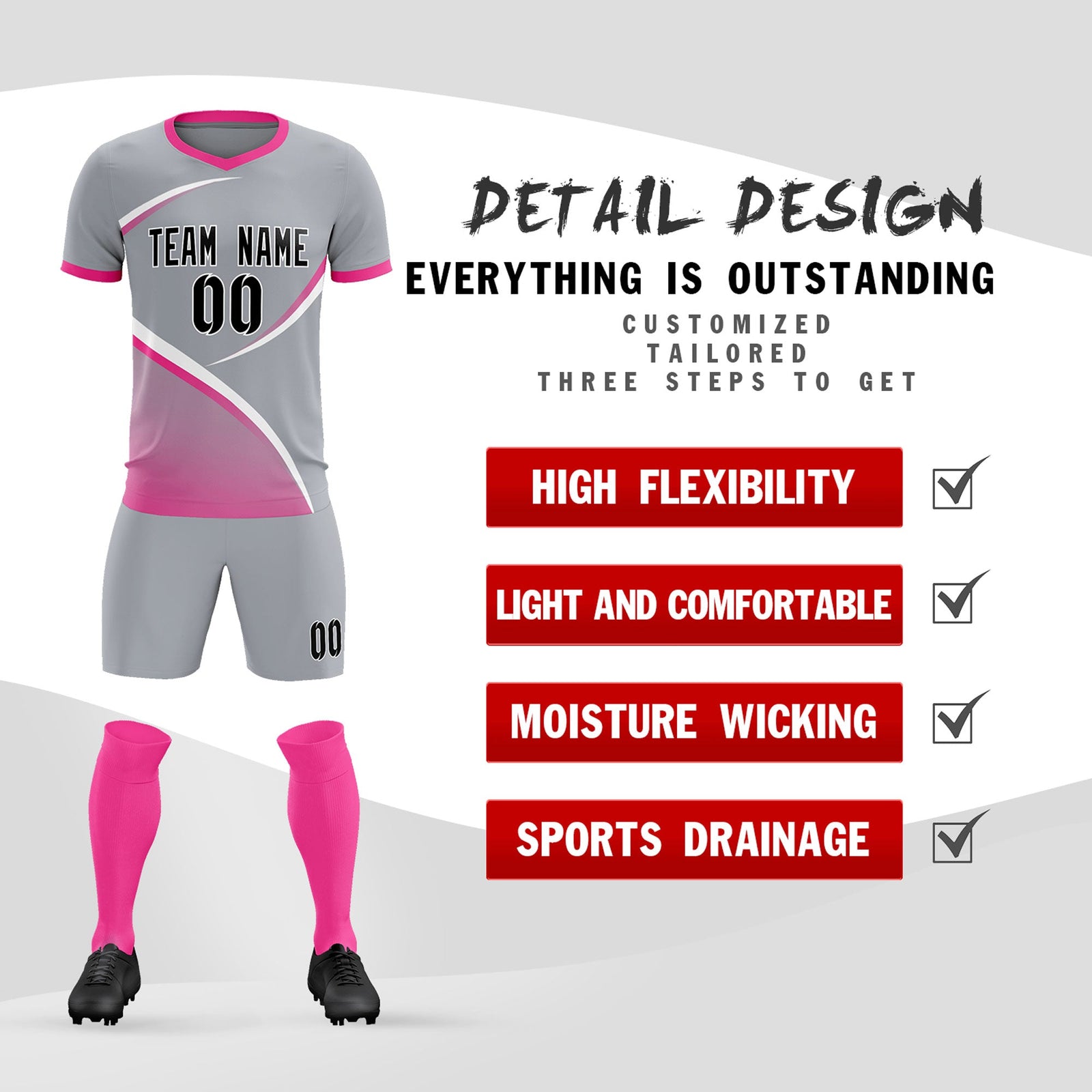 Custom Gray Pink Color Block Training Uniform For Men Soccer Sets Jersey