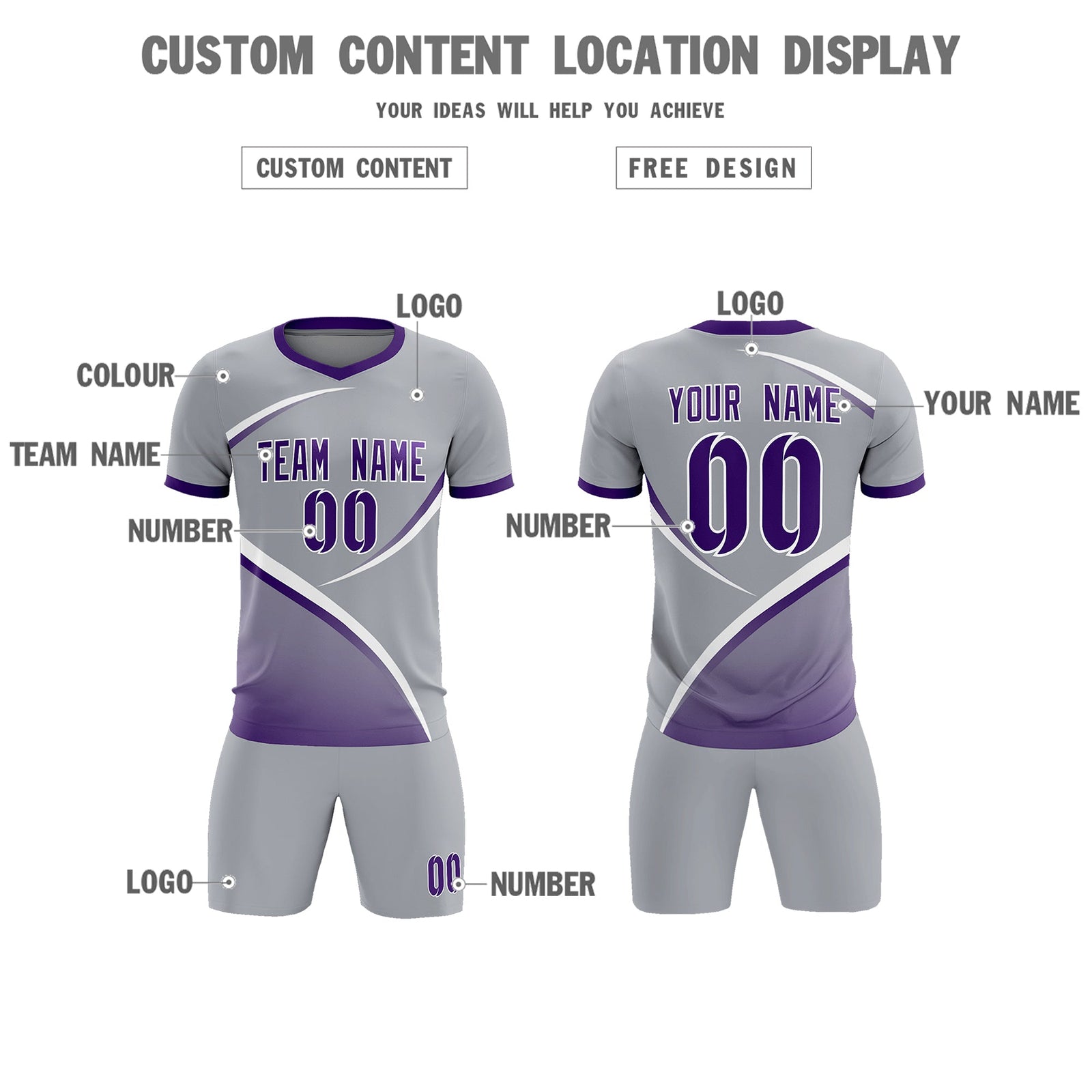 Custom Gray Purple Color Block Training Uniform For Men Soccer Sets Jersey