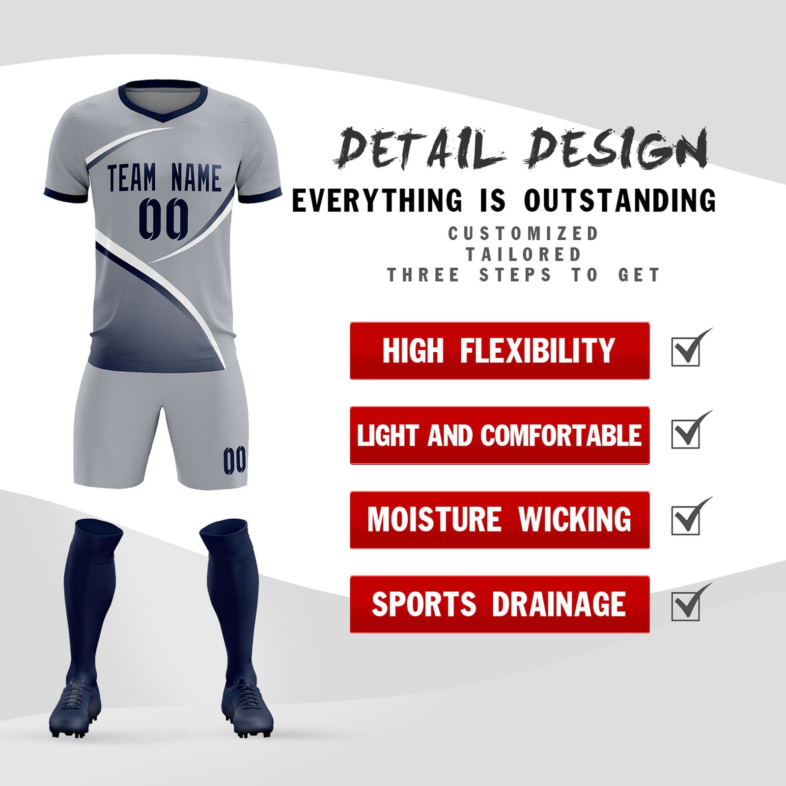 Custom Gray Navy Color Block Training Uniform For Men Soccer Sets Jersey
