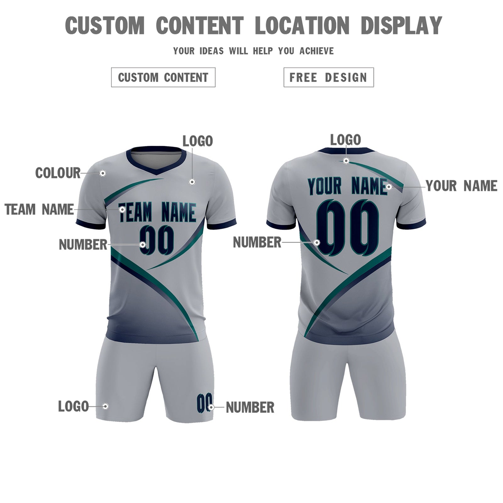 Custom Gray Navy Color Block Training Uniform For Men Soccer Sets Jersey