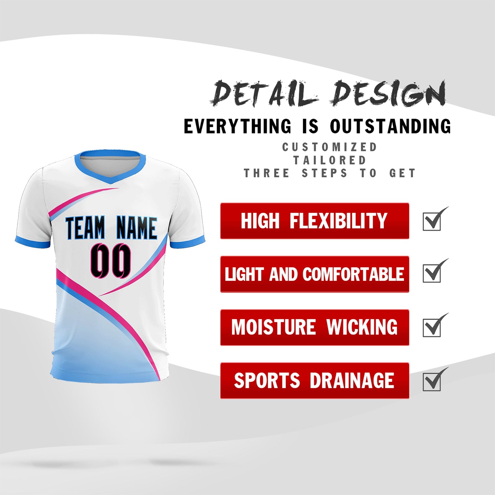 Custom White Powder Blue Color Block Training Uniform For Men Soccer Sets Jersey