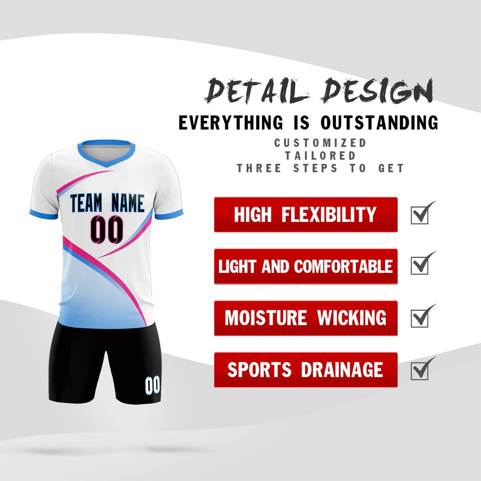 Custom White Powder Blue Color Block Training Uniform For Men Soccer Sets Jersey