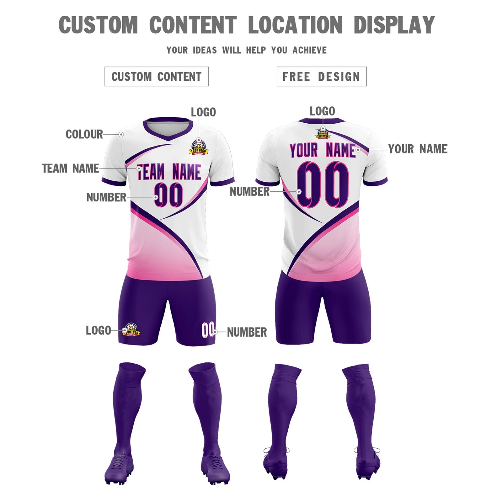 Custom White Purple Color Block Training Uniform For Men Soccer Sets Jersey
