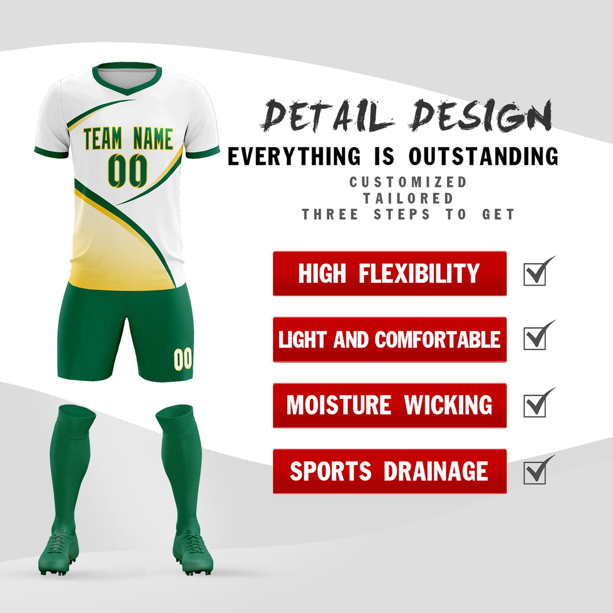 Custom White Kelly Green Color Block Training Uniform For Men Soccer Sets Jersey
