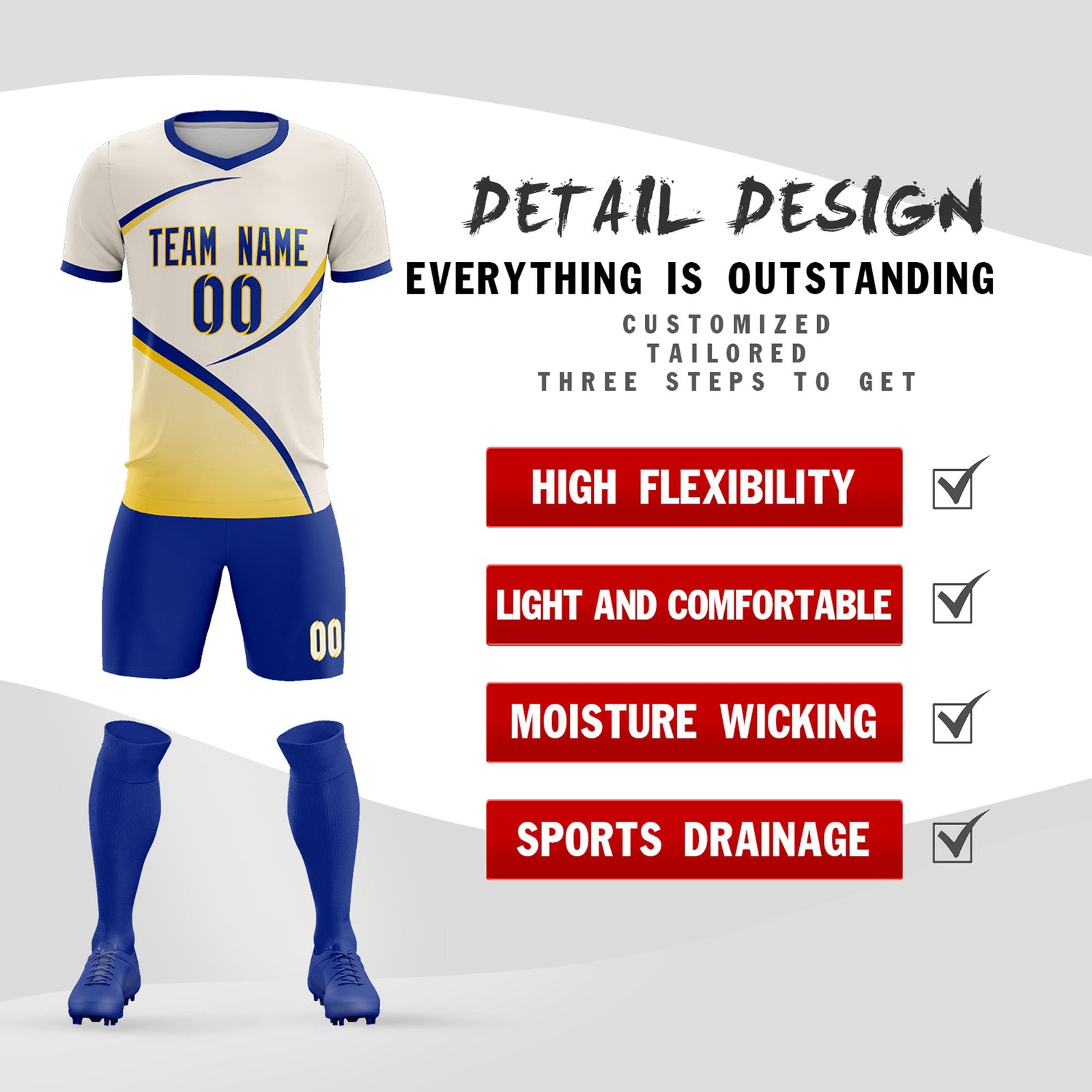 Custom Cream Royal Color Block Training Uniform For Men Soccer Sets Jersey