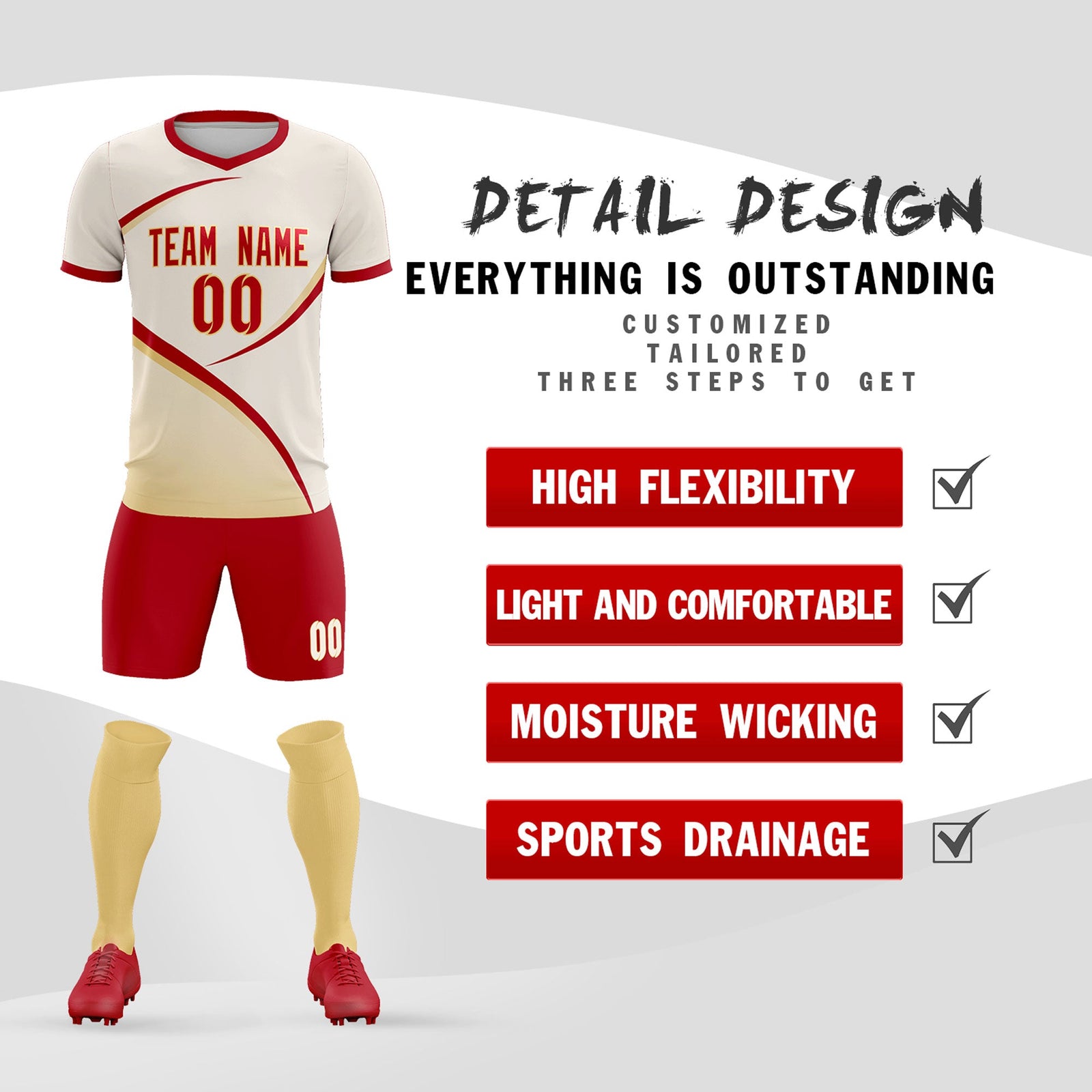 Custom Cream Red Color Block Training Uniform For Men Soccer Sets Jersey