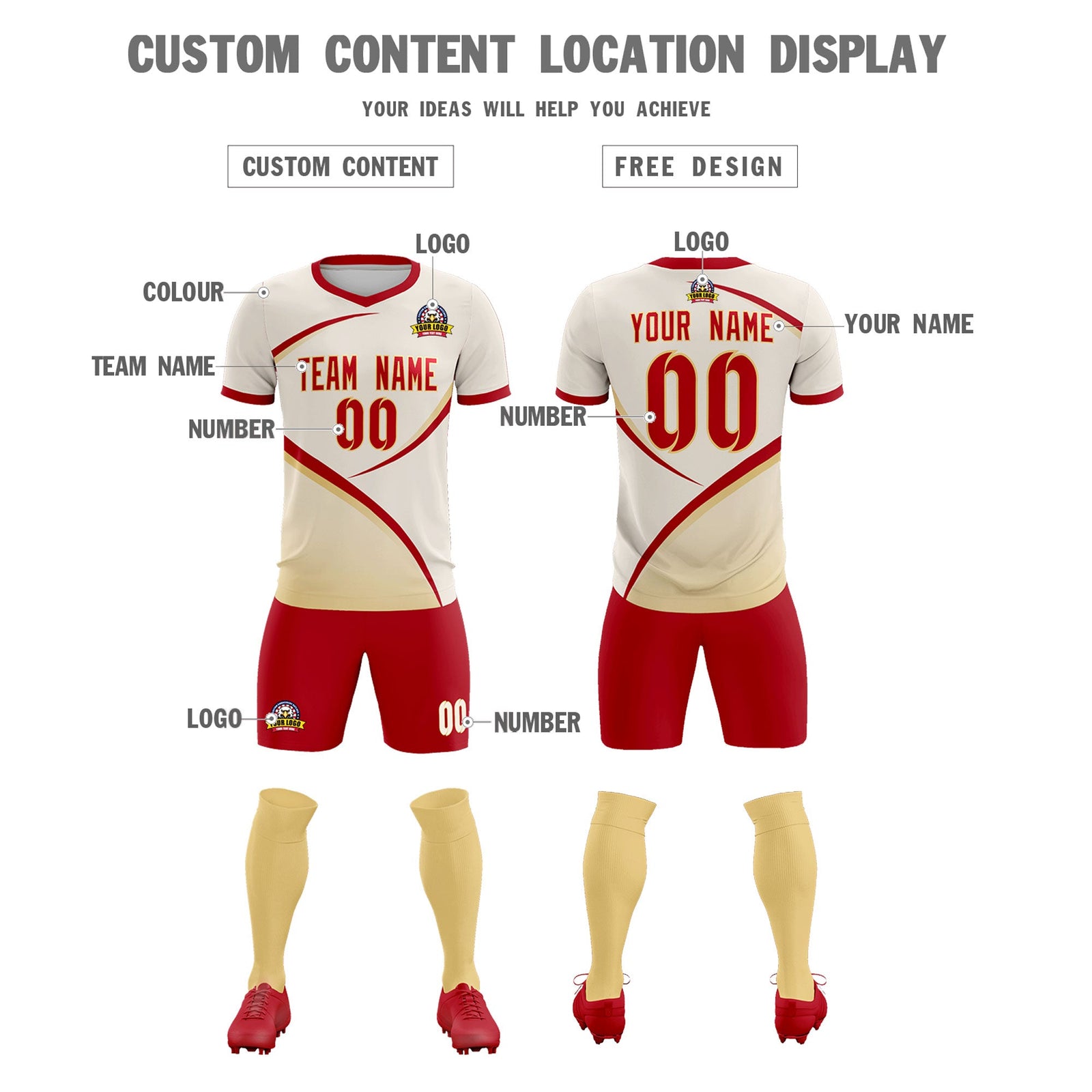 Custom Cream Red Color Block Training Uniform For Men Soccer Sets Jersey