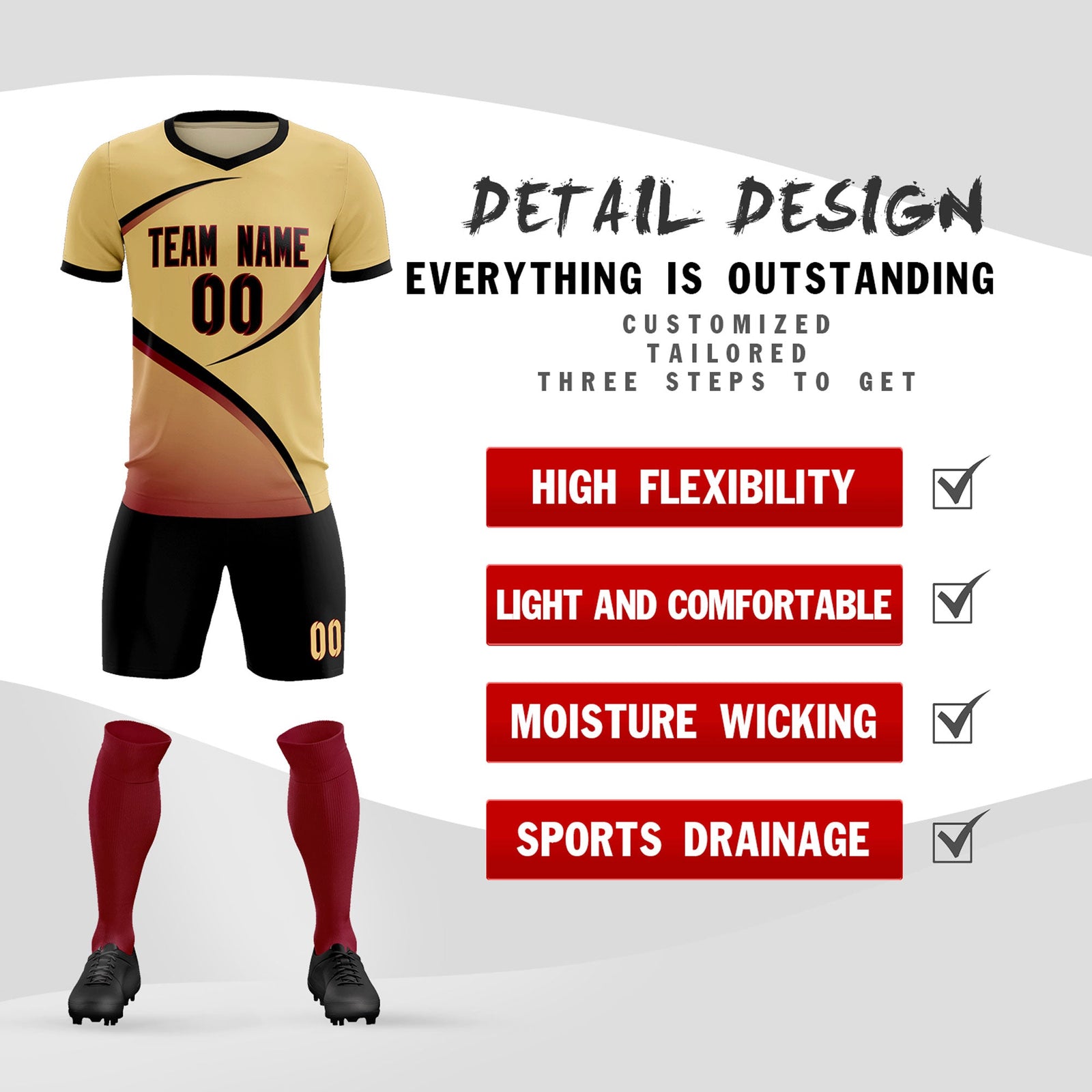 Custom Khaki Black Color Block Training Uniform For Men Soccer Sets Jersey