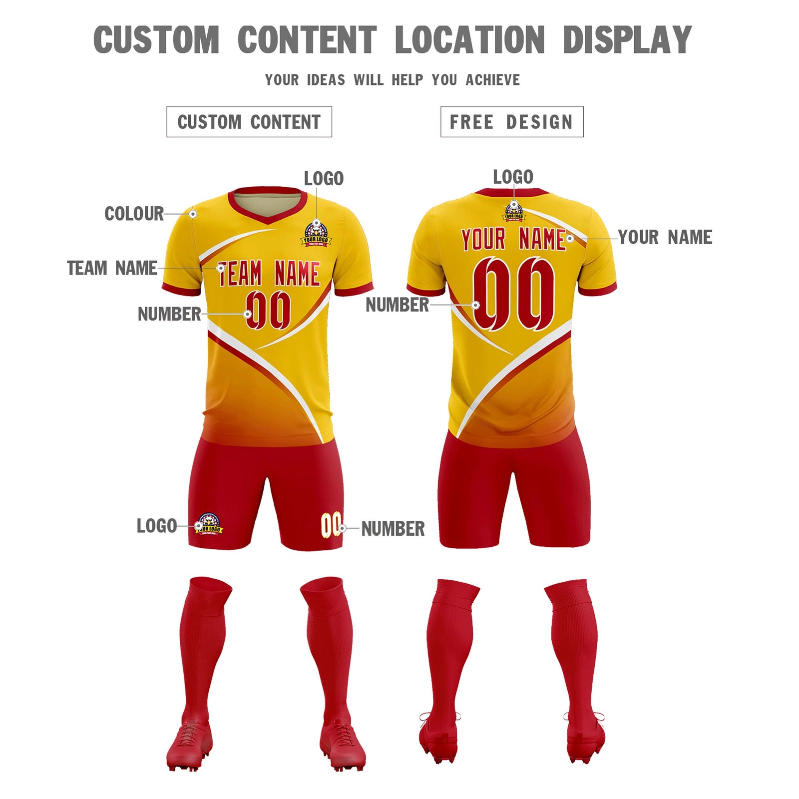 Custom Gold Red Color Block Training Uniform For Men Soccer Sets Jersey