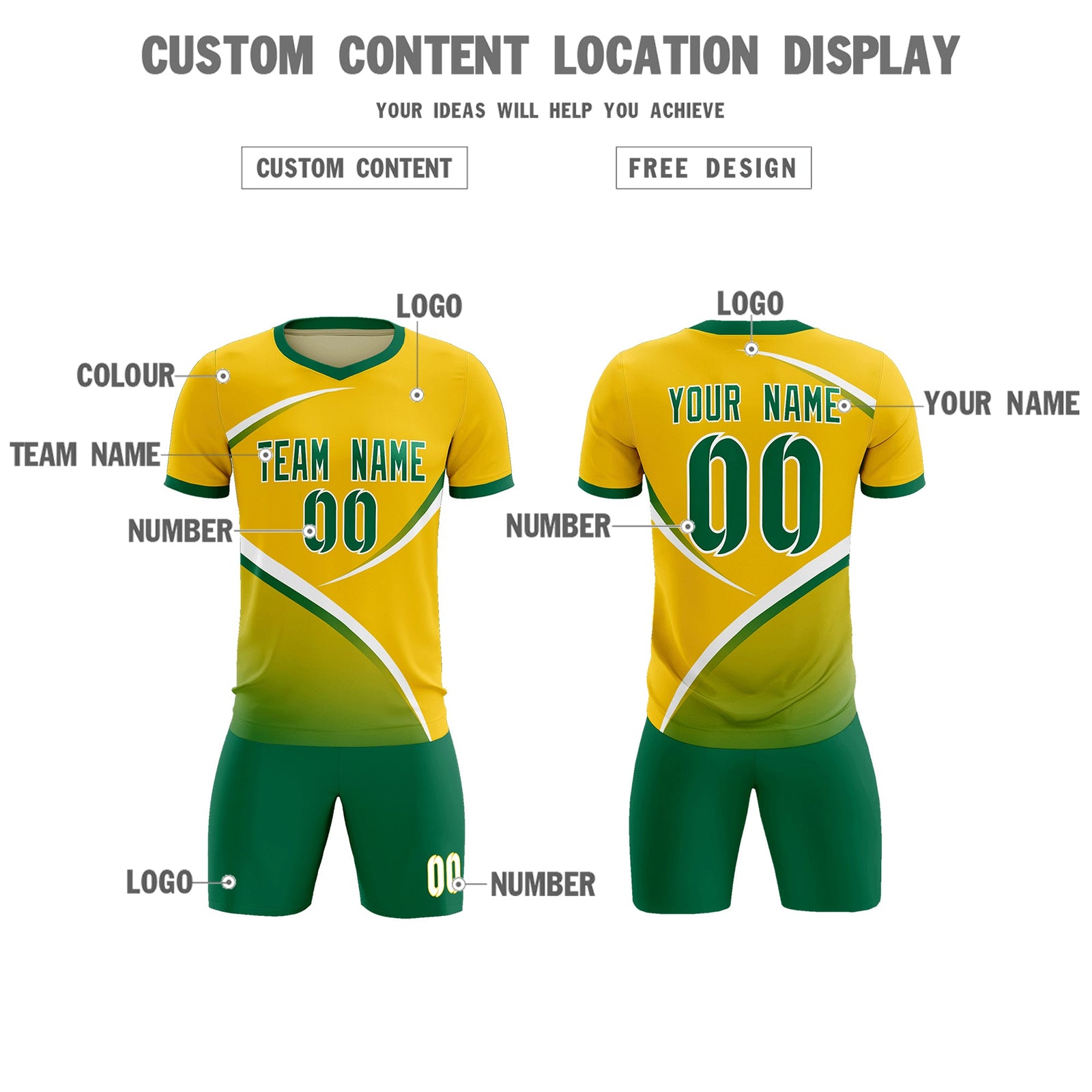 Custom Gold Kelly Green Color Block Training Uniform For Men Soccer Sets Jersey