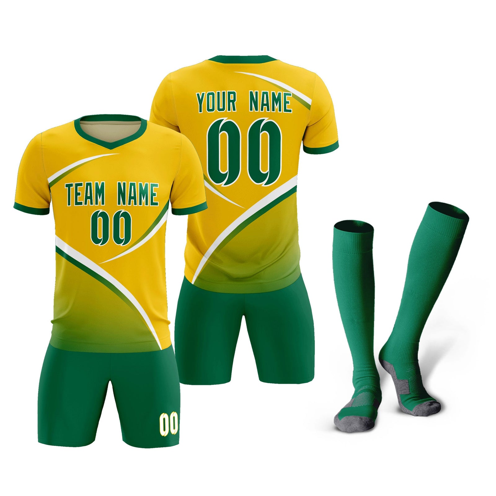 Custom Gold Kelly Green Color Block Training Uniform For Men Soccer Sets Jersey