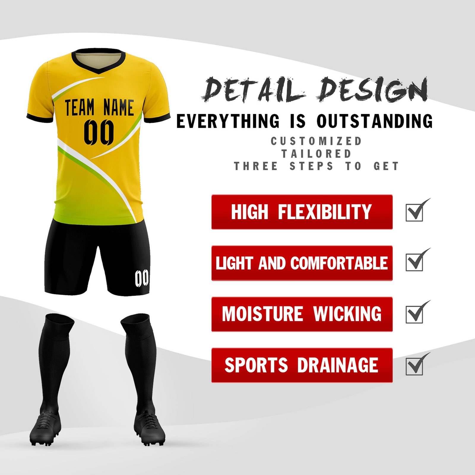Custom Gold Black Color Block Training Uniform For Men Soccer Sets Jersey