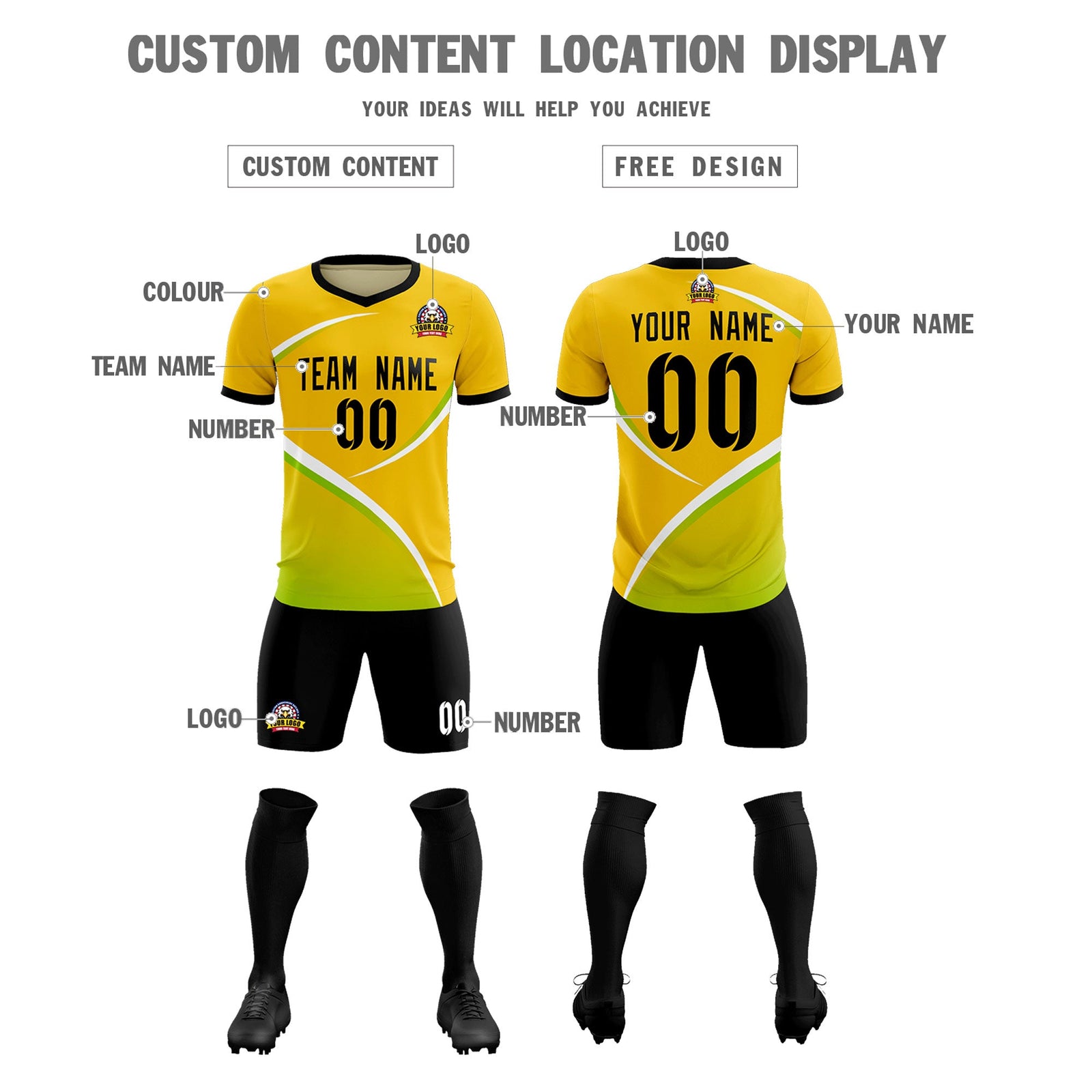 Custom Gold Black Color Block Training Uniform For Men Soccer Sets Jersey
