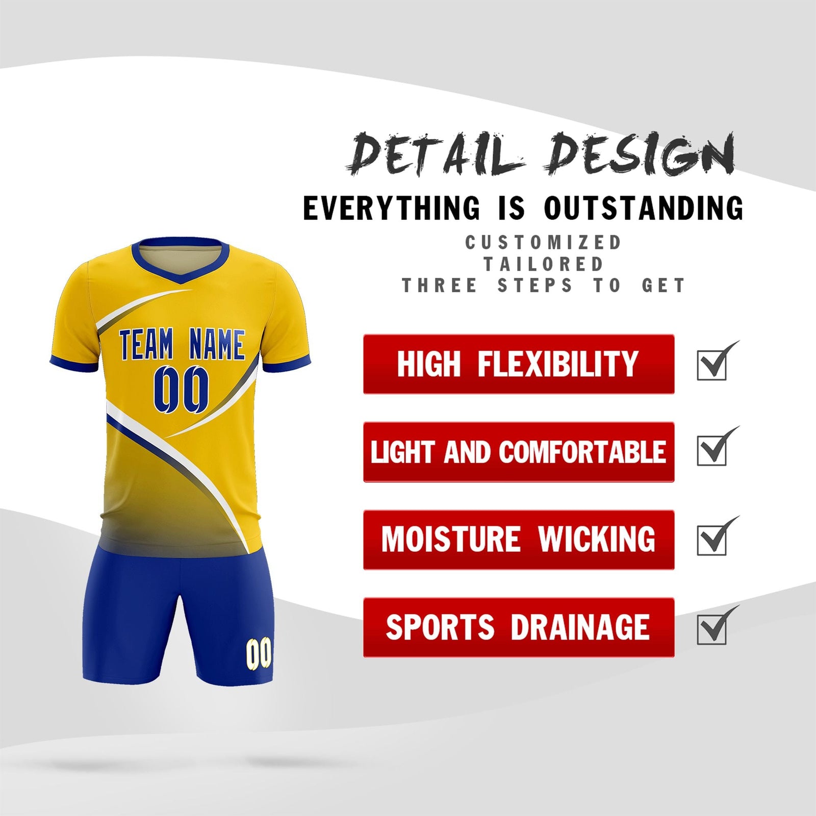 Custom Gold Royal Color Block Training Uniform For Men Soccer Sets Jersey