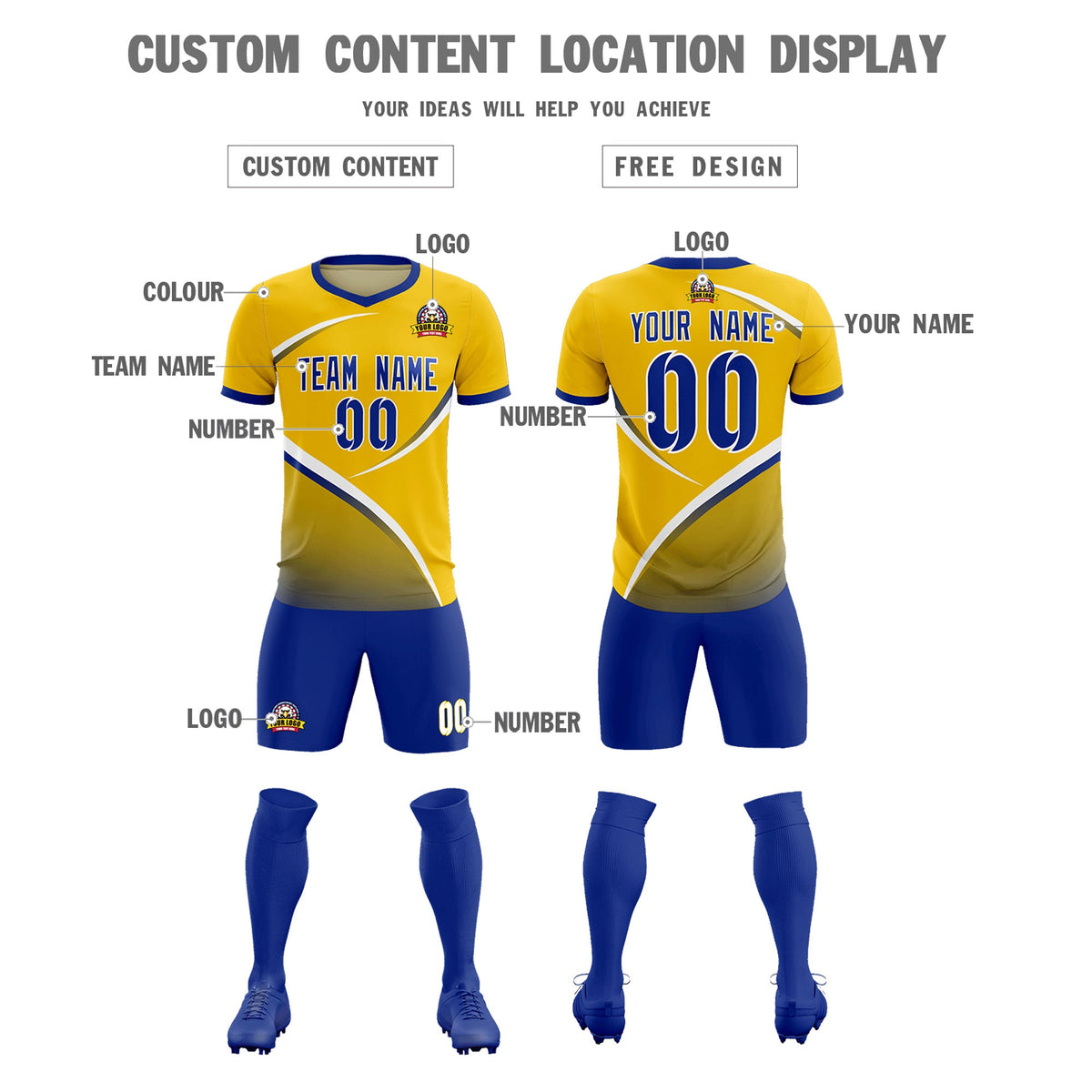 Custom Gold Royal Color Block Training Uniform For Men Soccer Sets Jersey