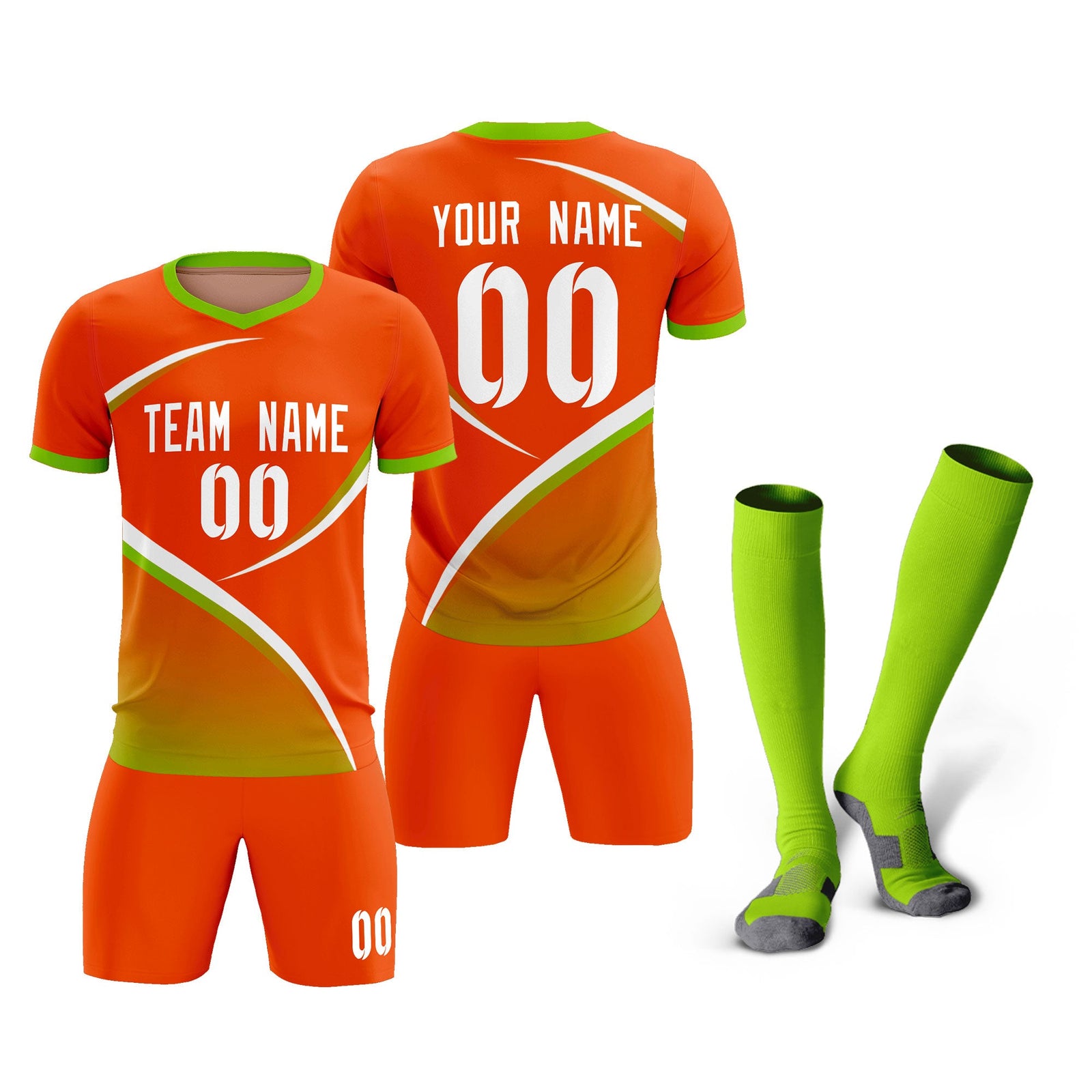 Custom Orange Neon Green Color Block Training Uniform For Men Soccer Sets Jersey