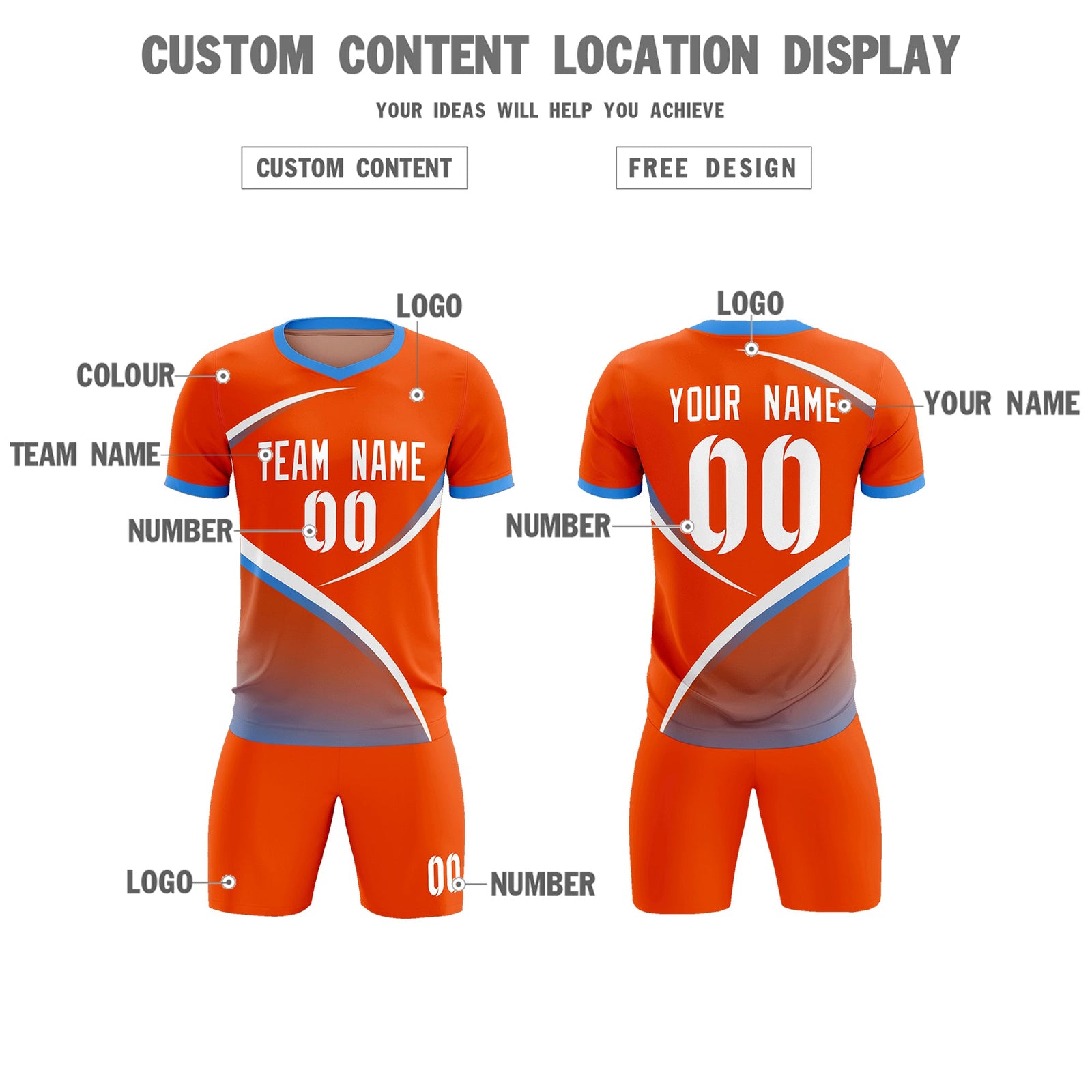 Custom Orange Powder Blue Color Block Training Uniform For Men Soccer Sets Jersey