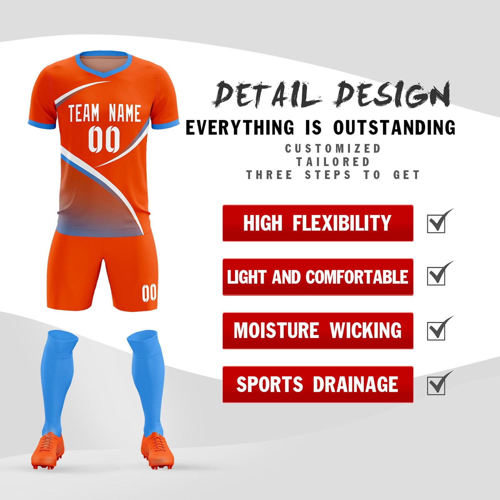 Custom Orange Powder Blue Color Block Training Uniform For Men Soccer Sets Jersey