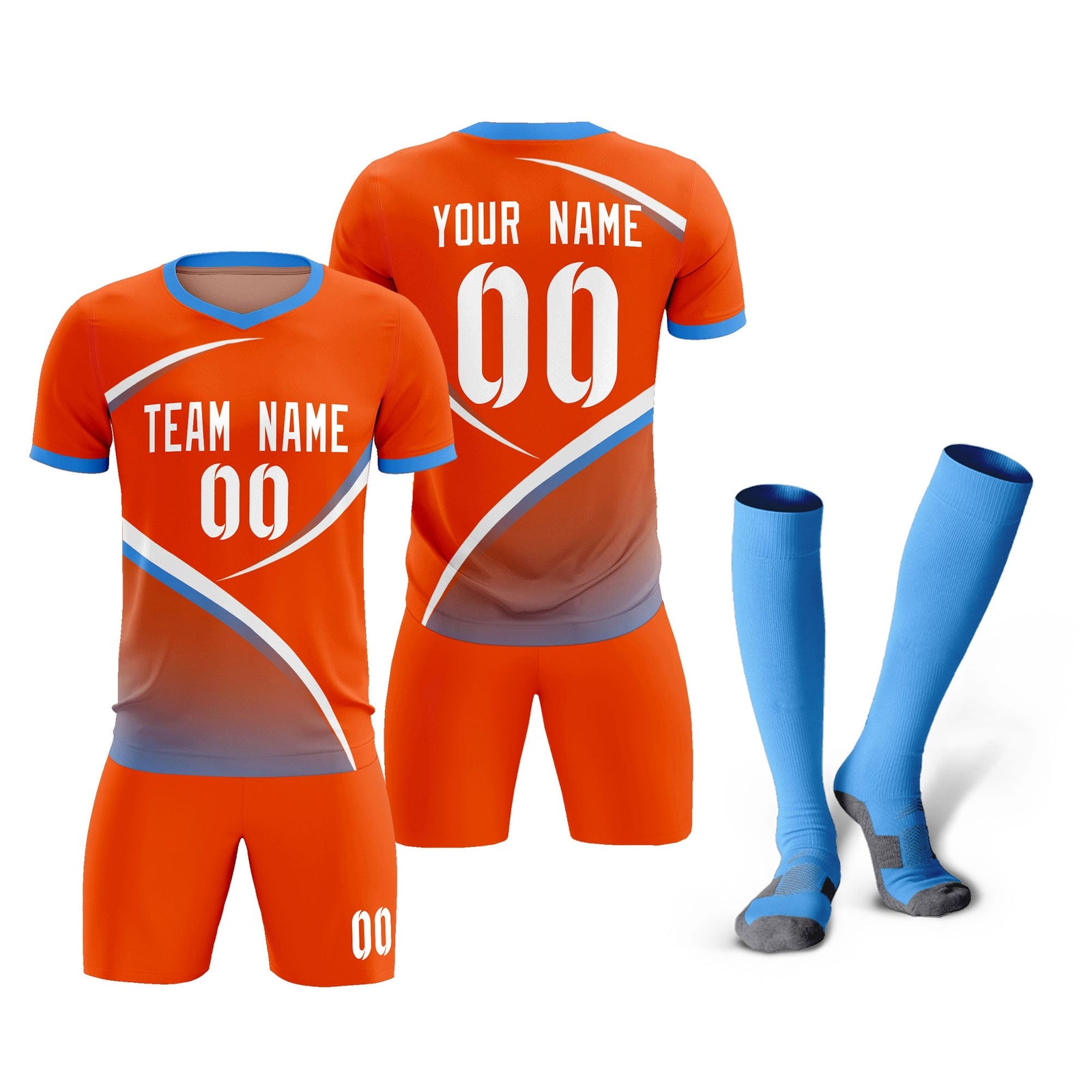 Custom Orange Powder Blue Color Block Training Uniform For Men Soccer Sets Jersey