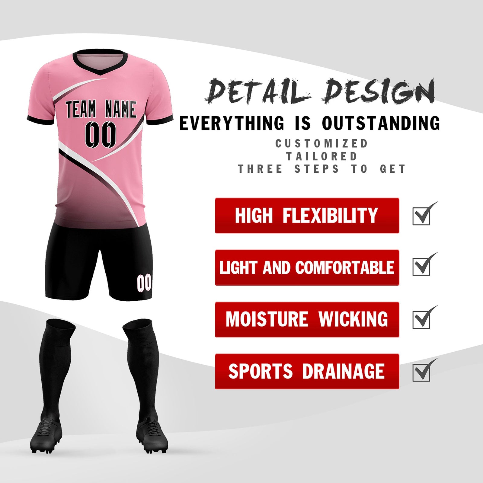 Custom Light Pink Black Color Block Training Uniform For Men Soccer Sets Jersey