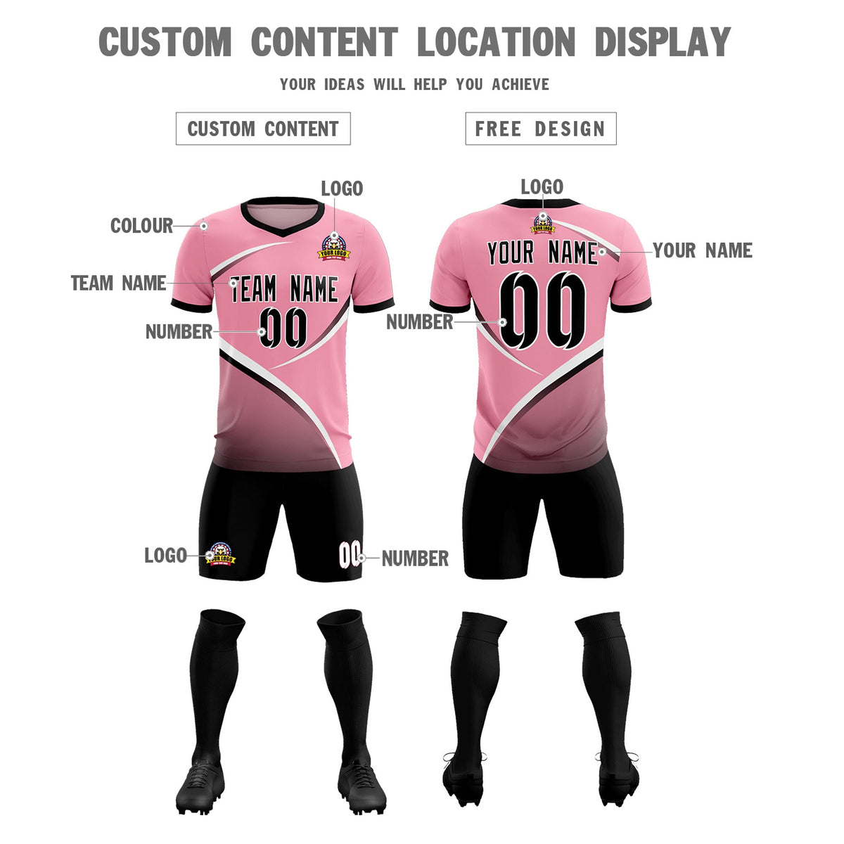 Custom Light Pink Black Color Block Training Uniform For Men Soccer Sets Jersey