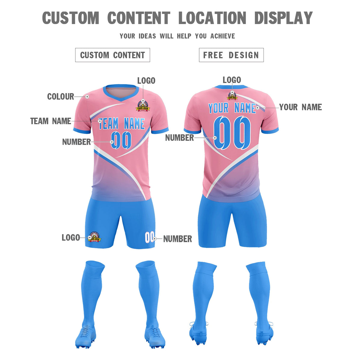 Custom Light Pink Powder Blue Color Block Training Uniform For Men Soccer Sets Jersey