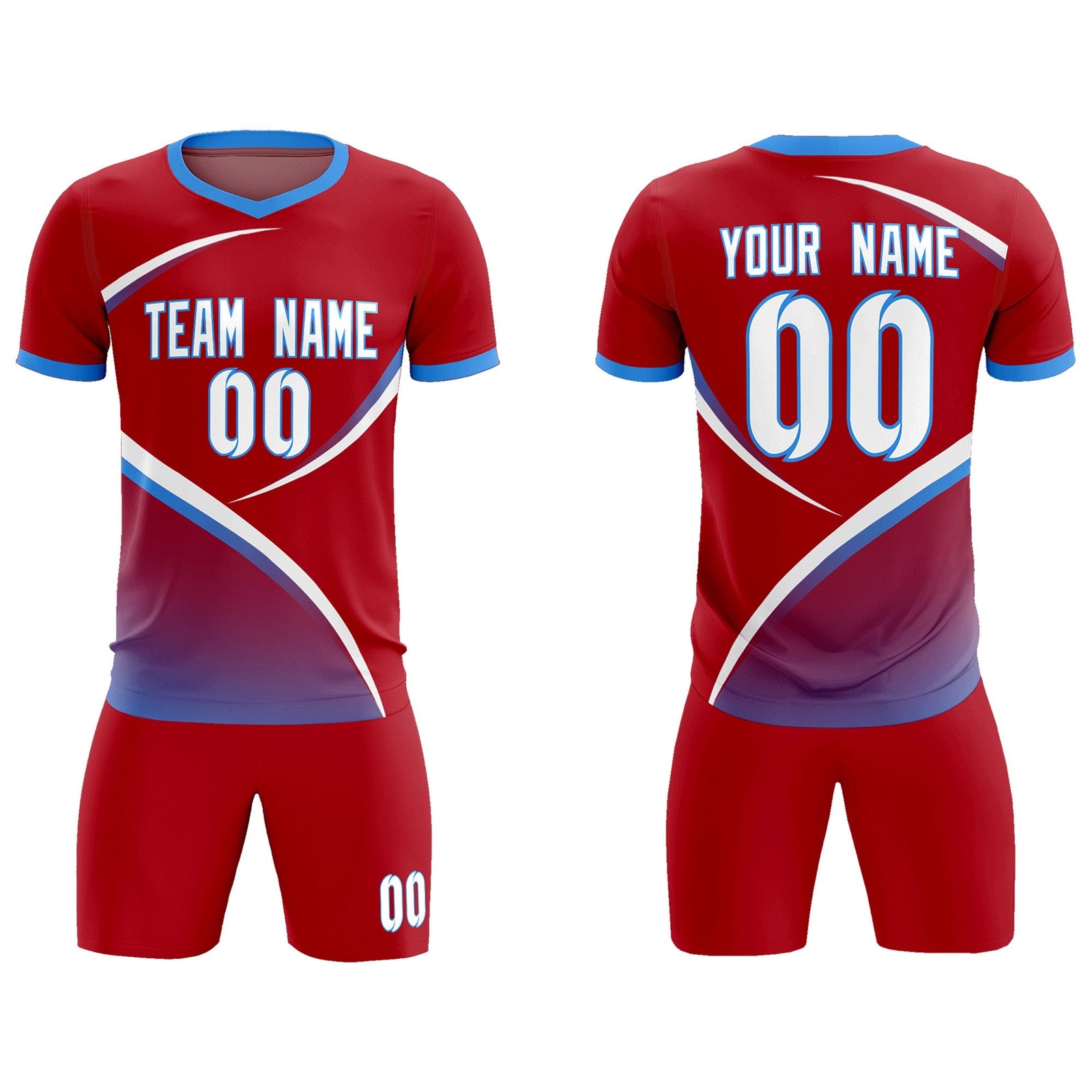 Custom Red Powder Blue Color Block Training Uniform For Men Soccer Sets Jersey