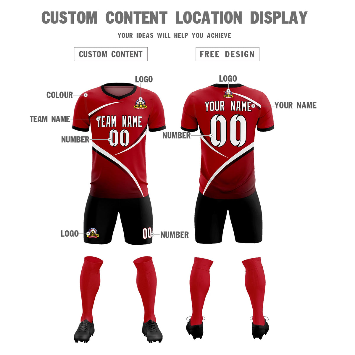 Custom Red Black Color Block Training Uniform For Men Soccer Sets Jersey