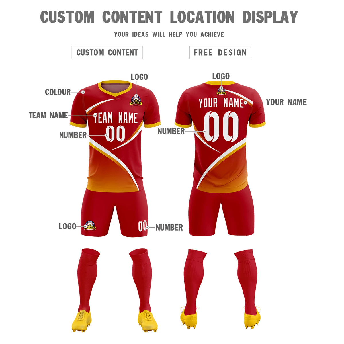 Custom Red Gold Color Block Training Uniform For Men Soccer Sets Jersey