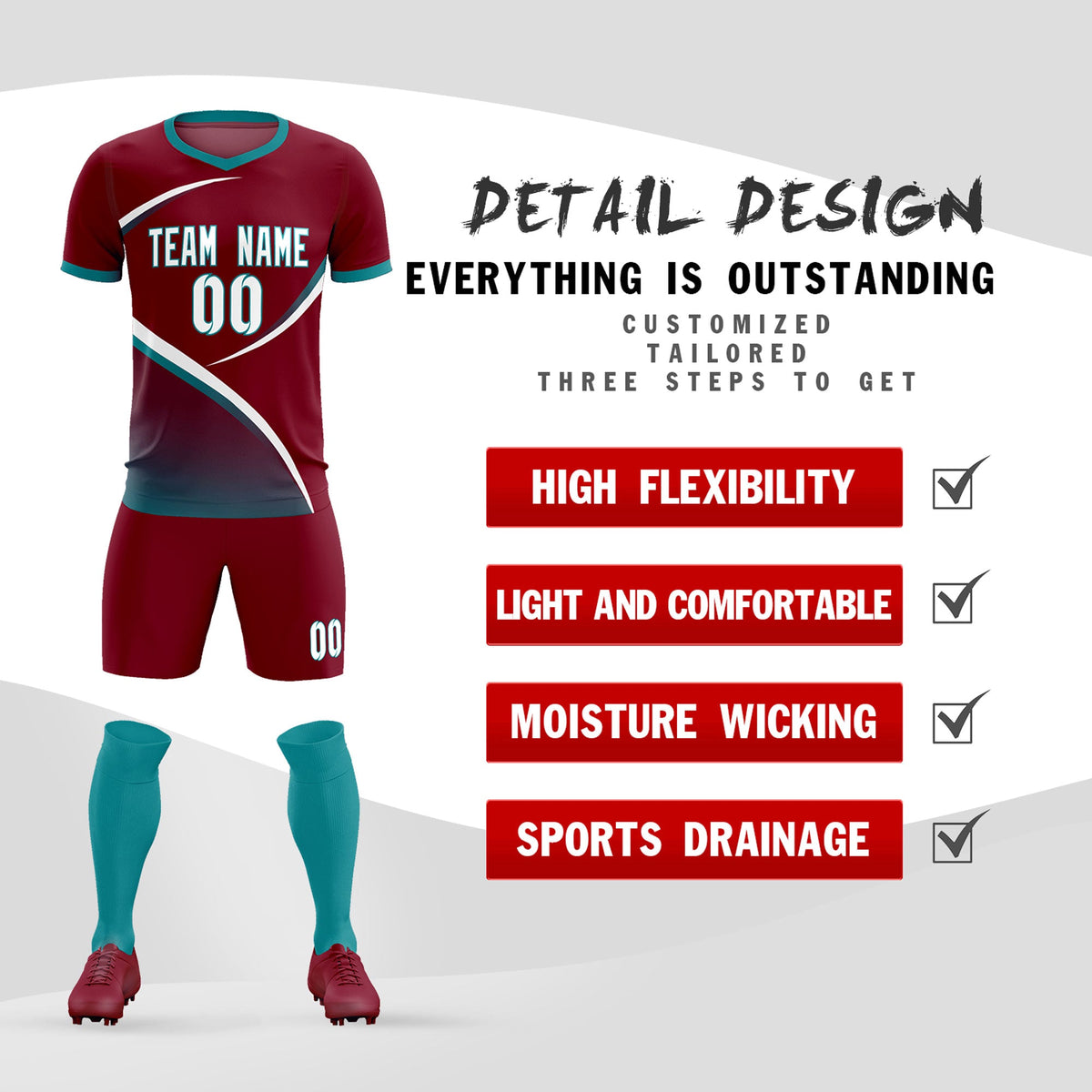 Custom Crimson Aqua Color Block Training Uniform For Men Soccer Sets Jersey