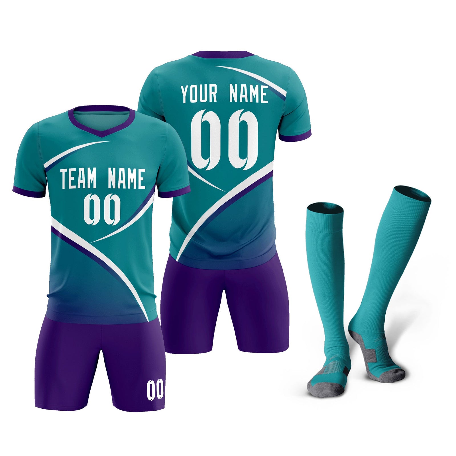 Custom Aqua Purple Color Block Training Uniform For Men Soccer Sets Jersey