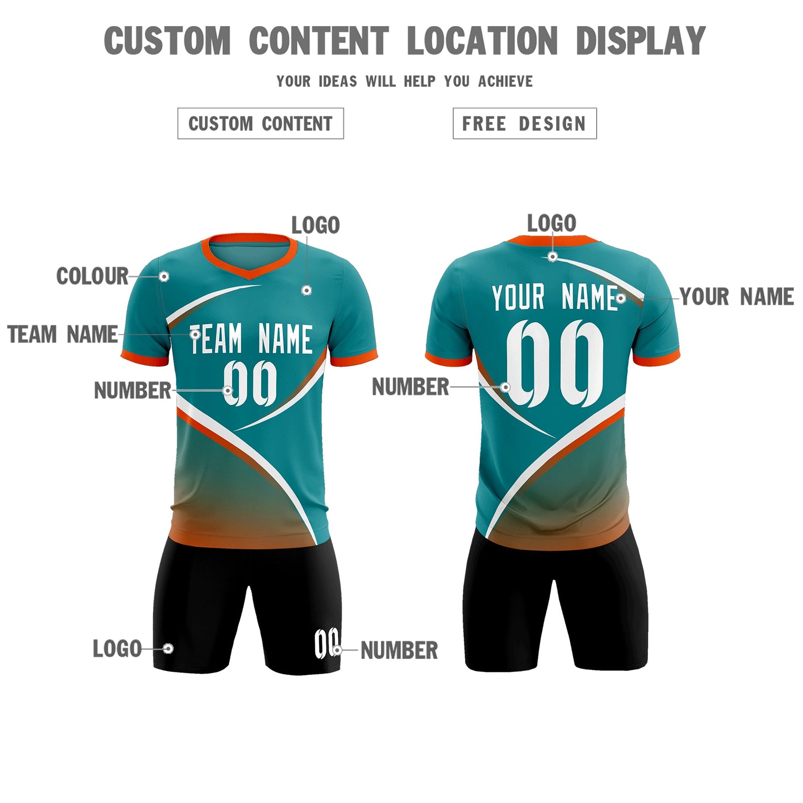 Custom Aqua Orange Color Block Training Uniform For Men Soccer Sets Jersey