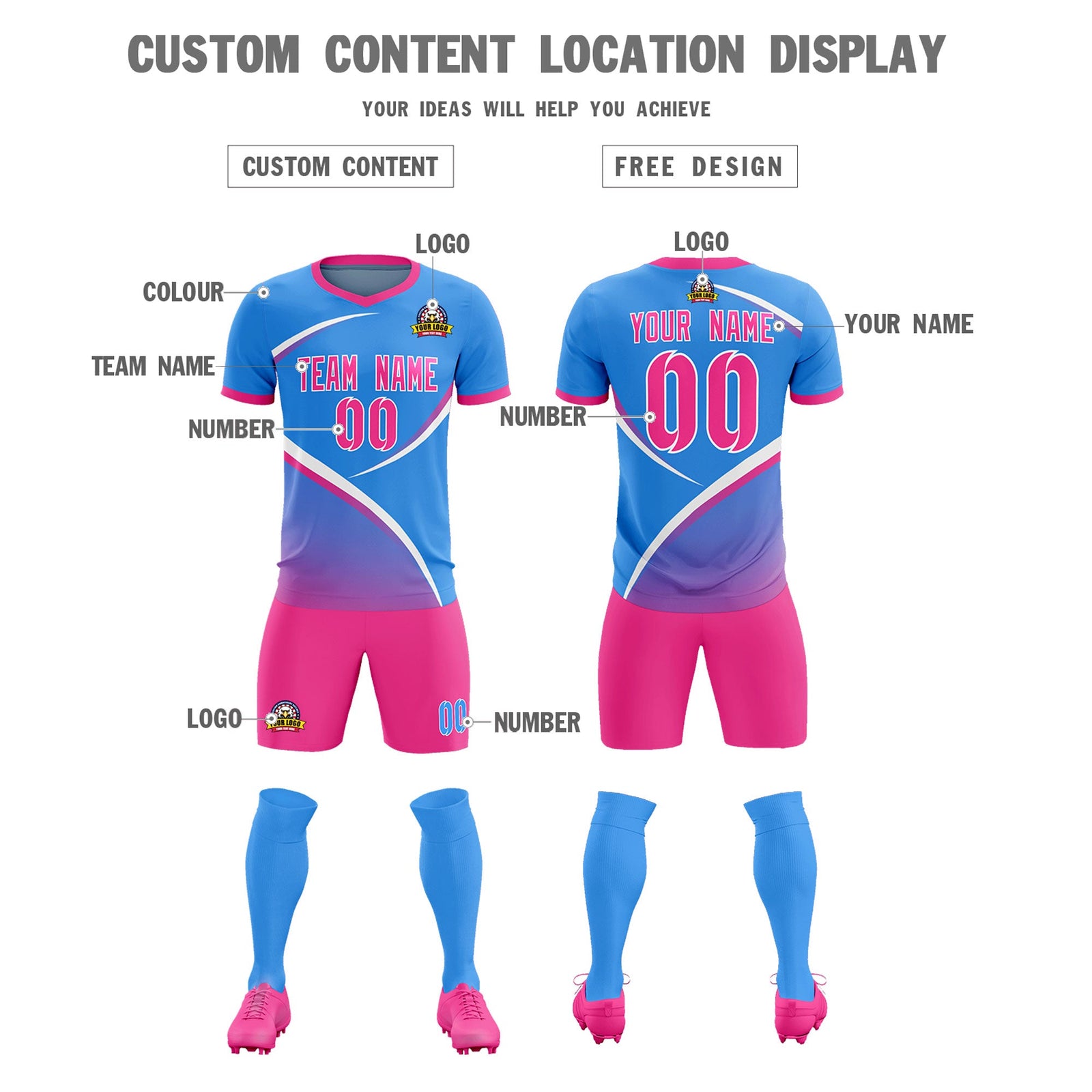 Custom Powder Blue Pink Color Block Training Uniform For Men Soccer Sets Jersey