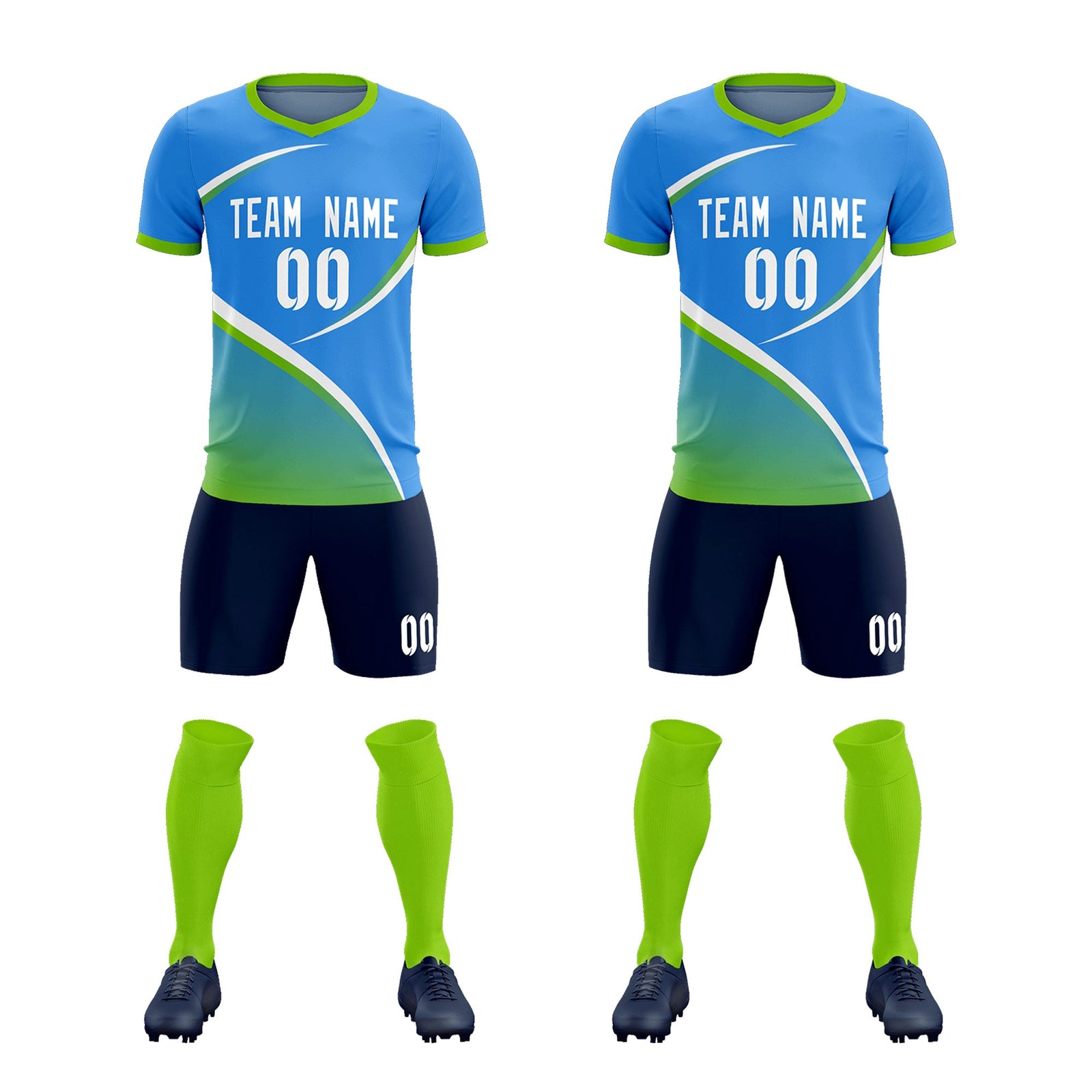 Custom Powder Blue Neon Green Color Block Training Uniform For Men Soccer Sets Jersey