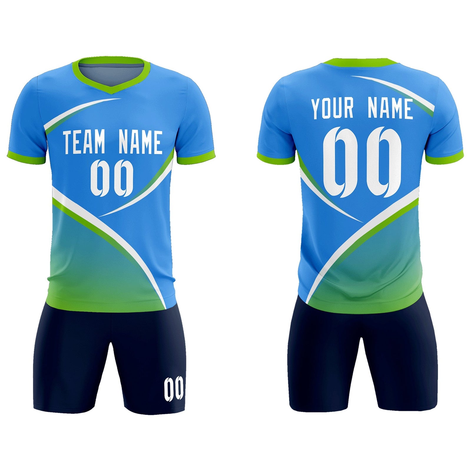 Custom Powder Blue Neon Green Color Block Training Uniform For Men Soccer Sets Jersey