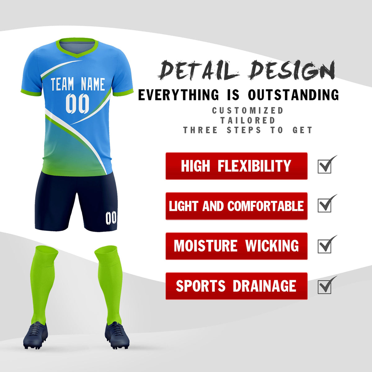 Custom Powder Blue Neon Green Color Block Training Uniform For Men Soccer Sets Jersey