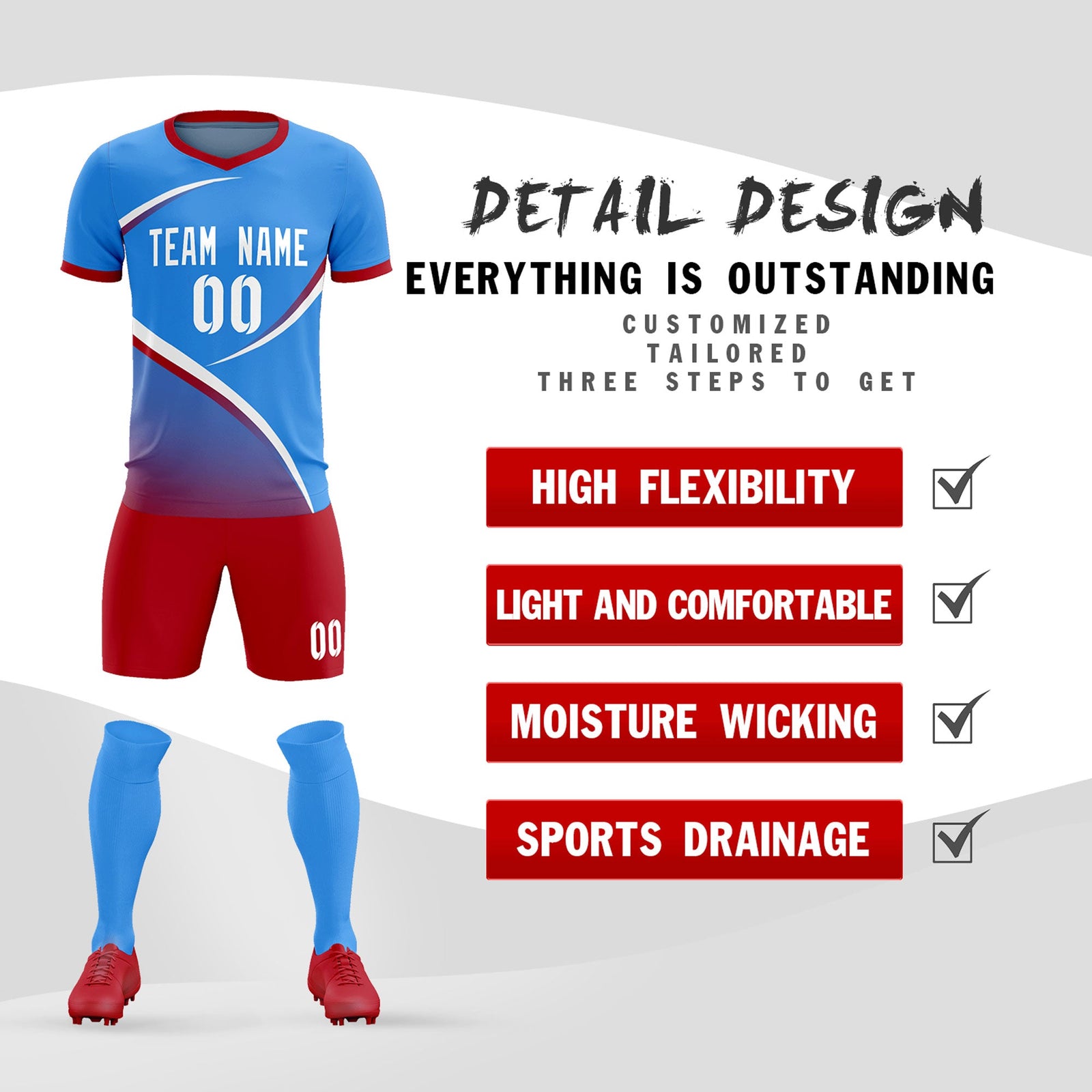 Custom Powder Blue Red Color Block Training Uniform For Men Soccer Sets Jersey