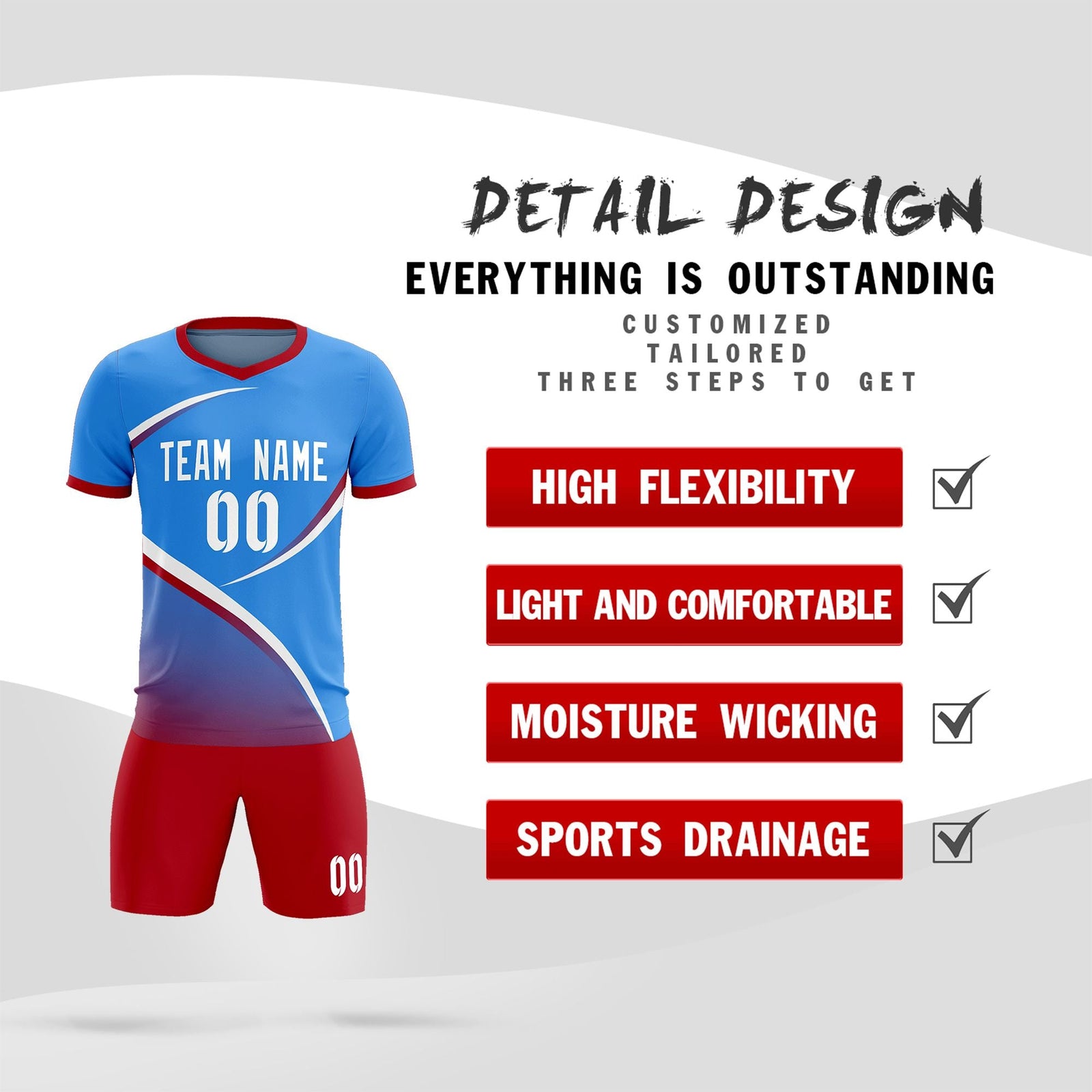 Custom Powder Blue Red Color Block Training Uniform For Men Soccer Sets Jersey
