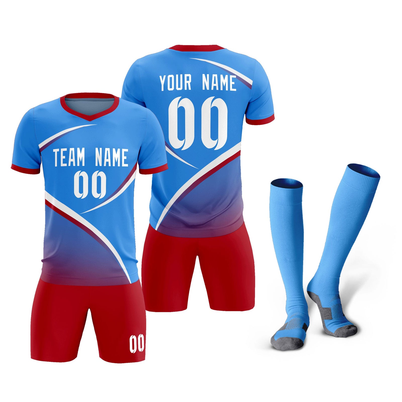 Custom Powder Blue Red Color Block Training Uniform For Men Soccer Sets Jersey