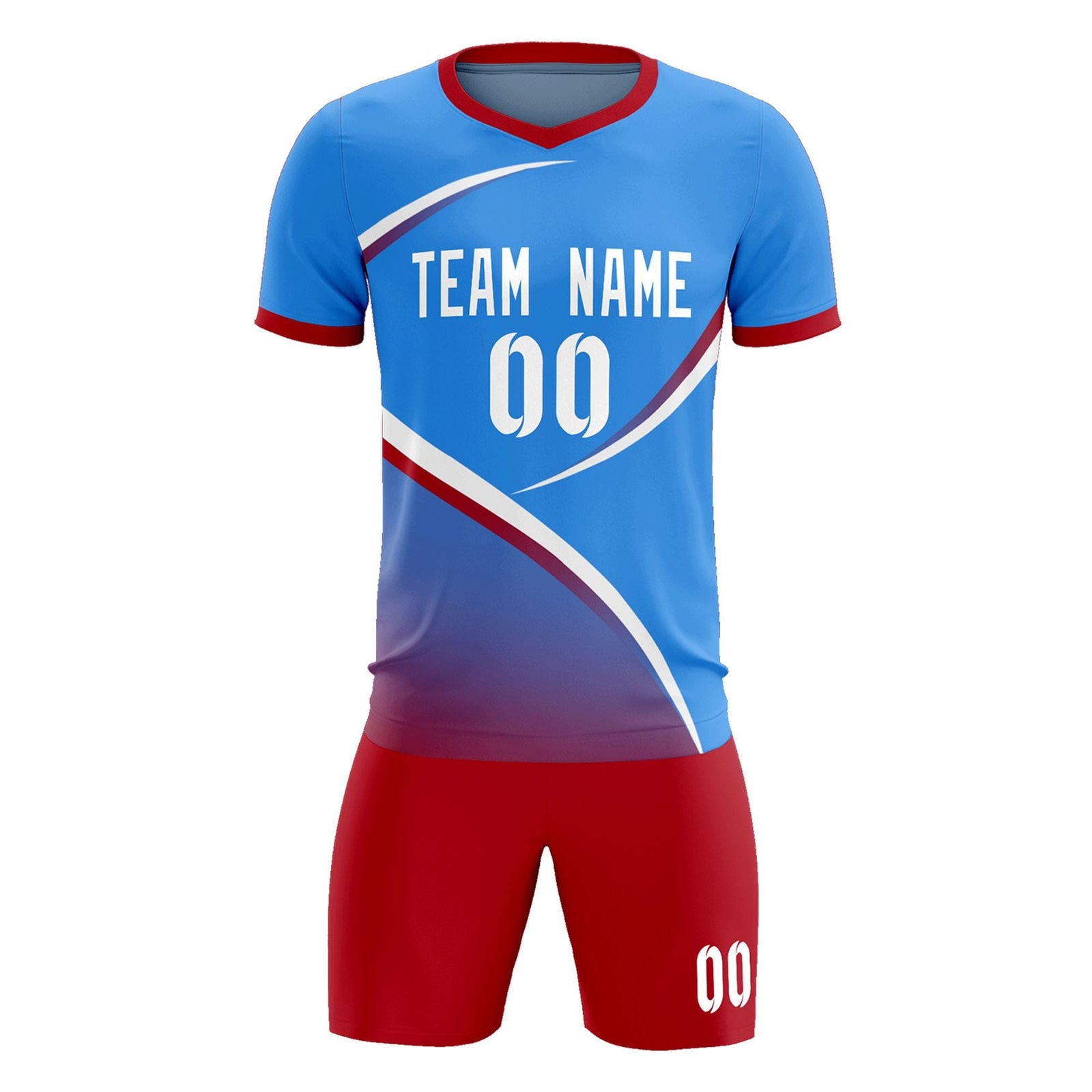 Custom Powder Blue Red Color Block Training Uniform For Men Soccer Sets Jersey